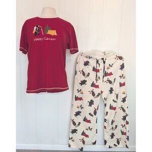 Lazy One Happy Camper Bear Camping Pajama Set M Red Graphic Tee & Printed Pants